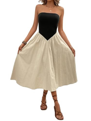 Womens Colorblock Strapless Long Dress with Waist Tie Beach Dress | Amazon (US)