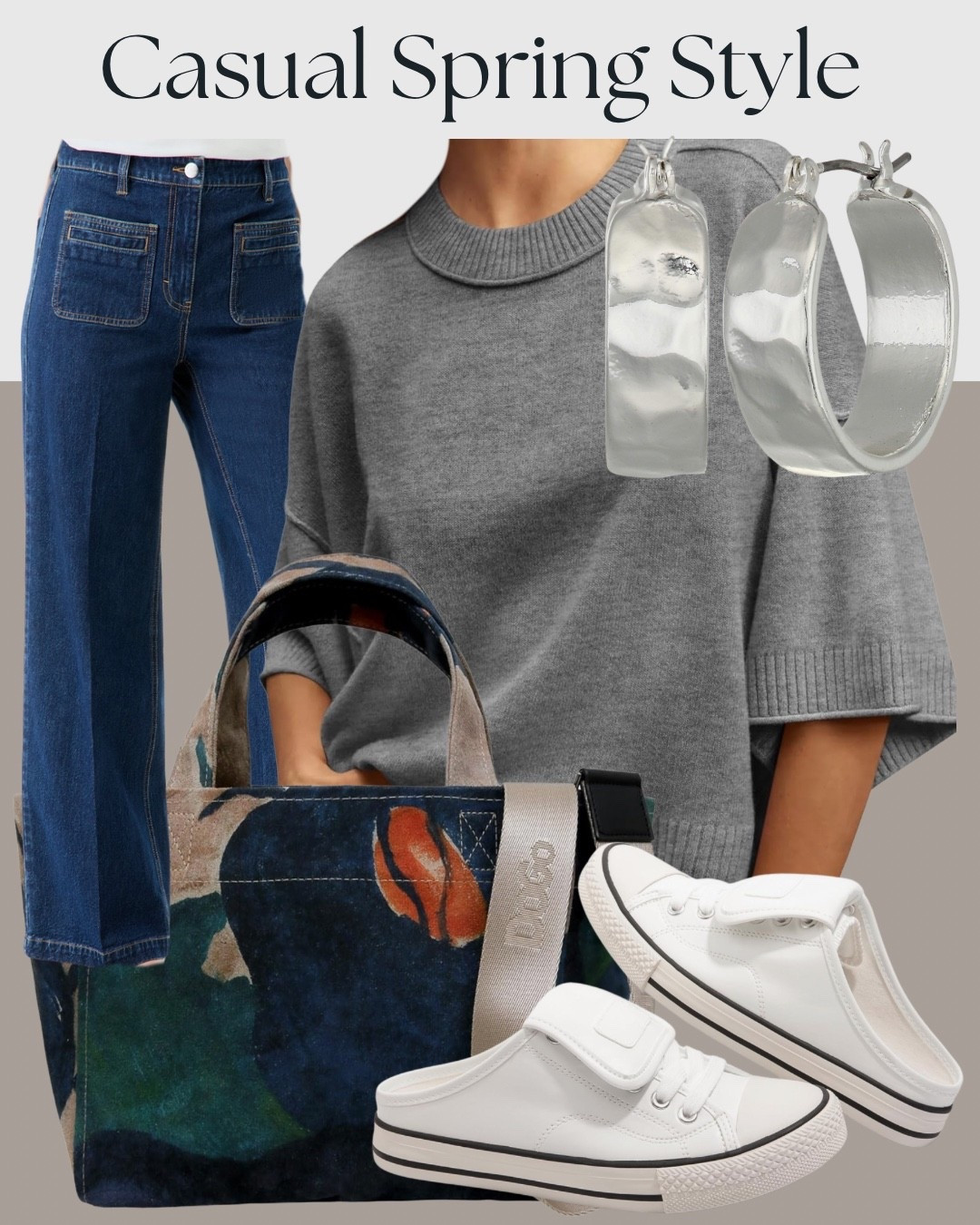 Casual spring outfit with flare jeans and a soft gray sweater you can wear on repeat. The relaxed knit, structured denim, and clean white sneakers make this an easy everyday look that still feels styled with bold silver hoops and a statement tote.

#springoutfit #casualstyle #everydaylook #flarejeans #ltkstyle

#LTKootd