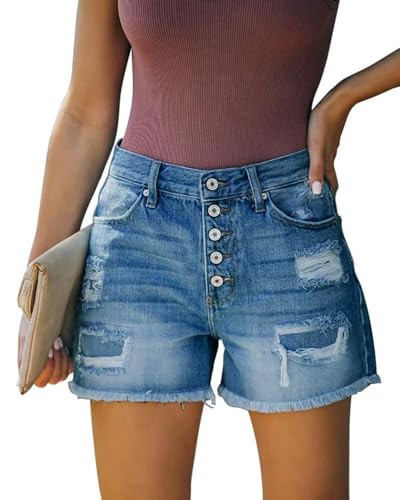 ZOLUCKY Denim Shorts for Women Distressed Ripped Jean Shorts Mid Waisted Stretchy Hot Short Jeans with Pockets Blue XL | Amazon (US)