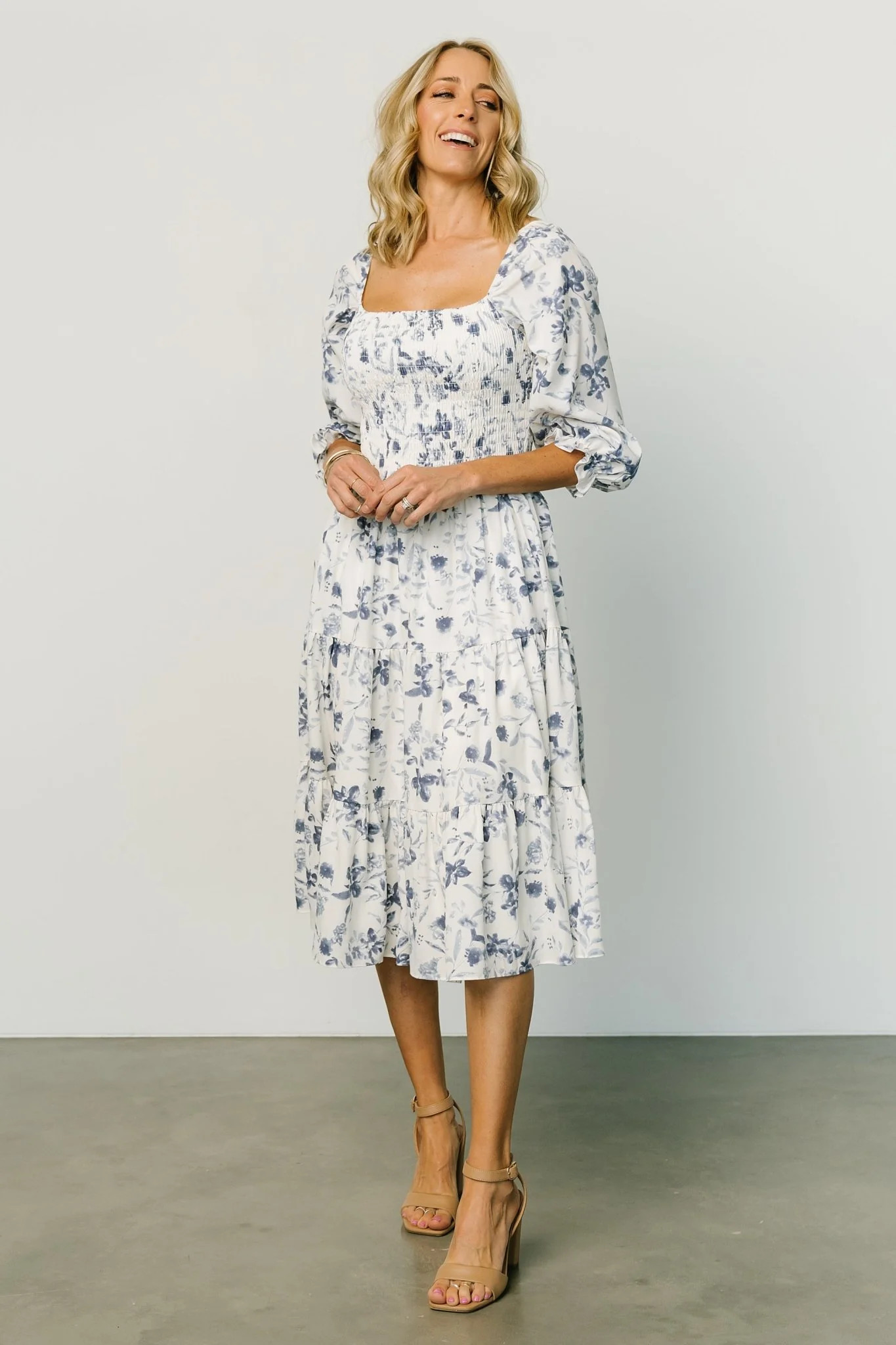 Marta Smocked Midi Dress | White + Blue | Baltic Born