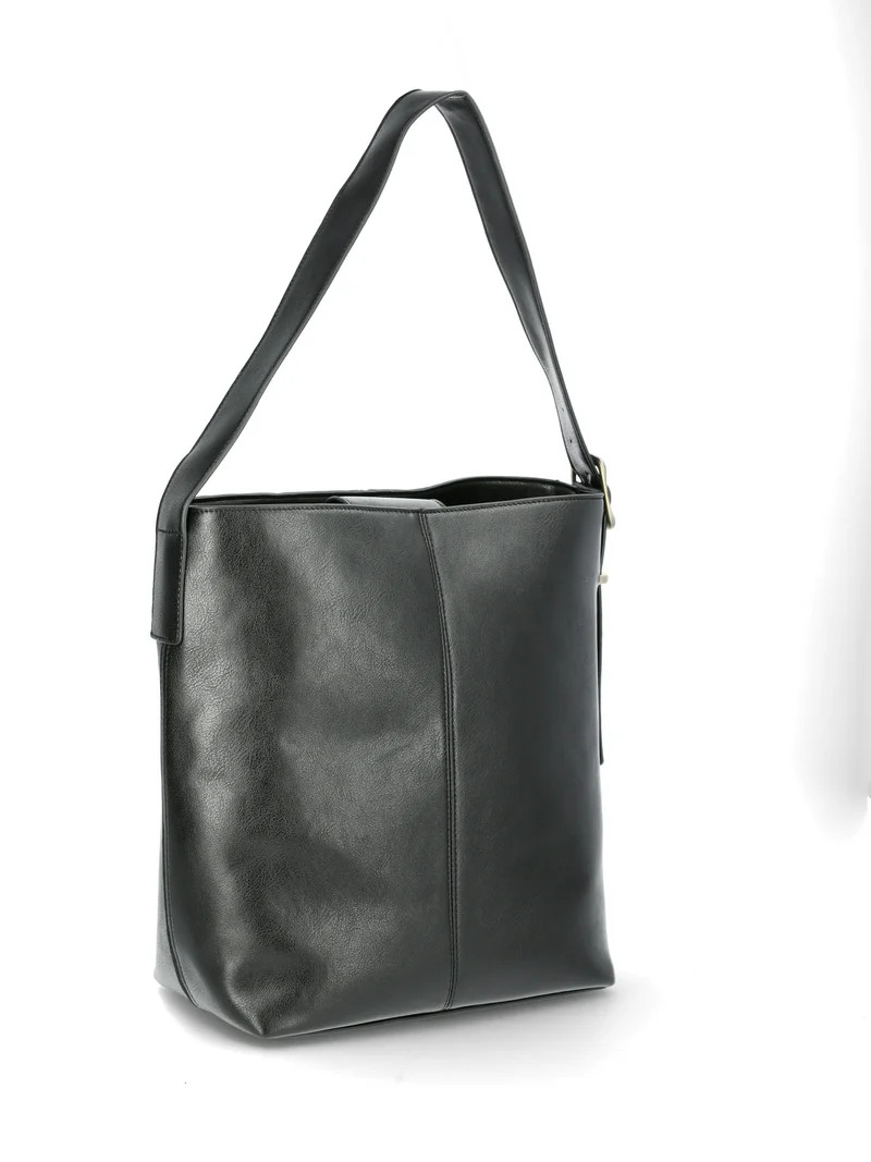 Time and Tru Women's Birdie Faux Leather Bucket Mid Sized Handbag, Black | Walmart (US)