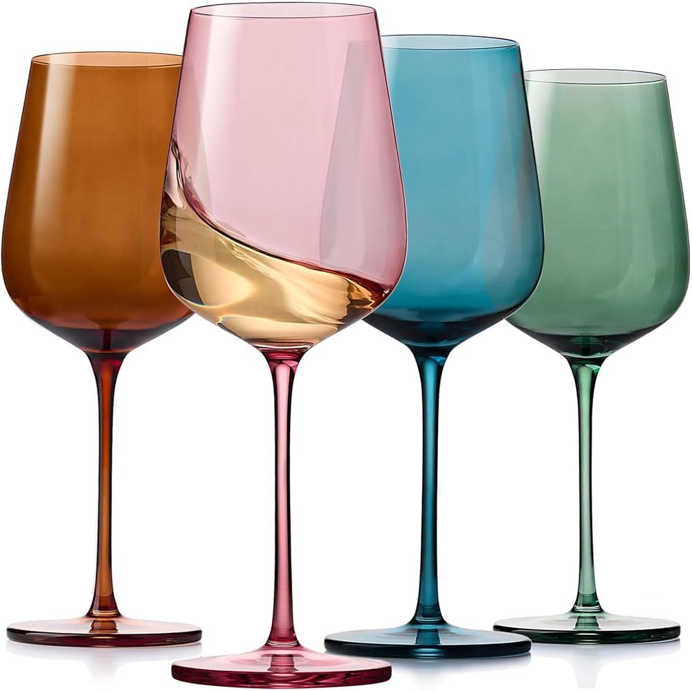 ColoVie Colored Wine Glasses Set of 4- Colorful Wine Glasses with Long Stems- Crystal Hand-Blown ... | Amazon (US)