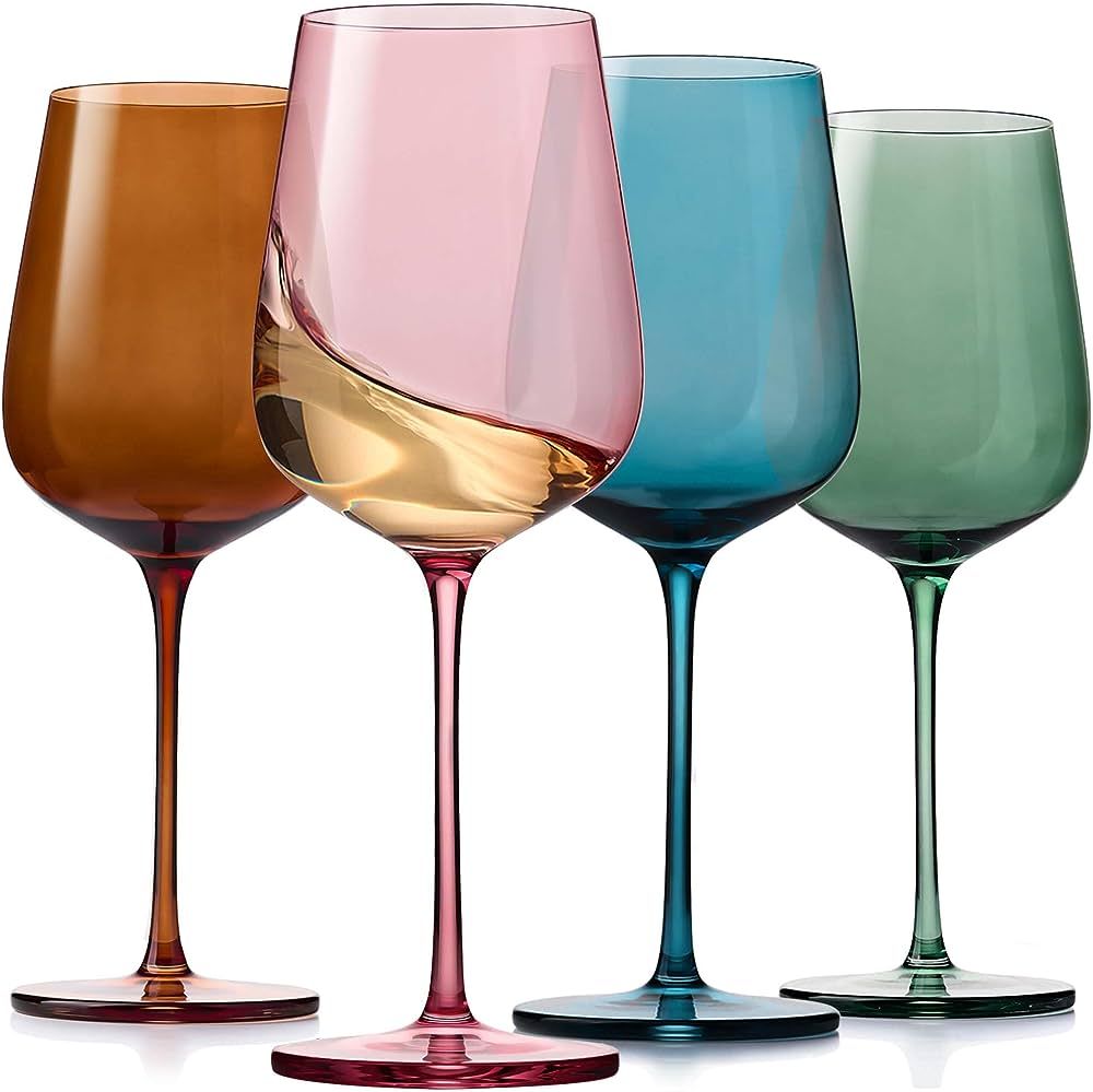 ColoVie Colored Wine Glasses Set of 4- Colorful Wine Glasses with Long Stems- Crystal Hand-Blown ... | Amazon (US)