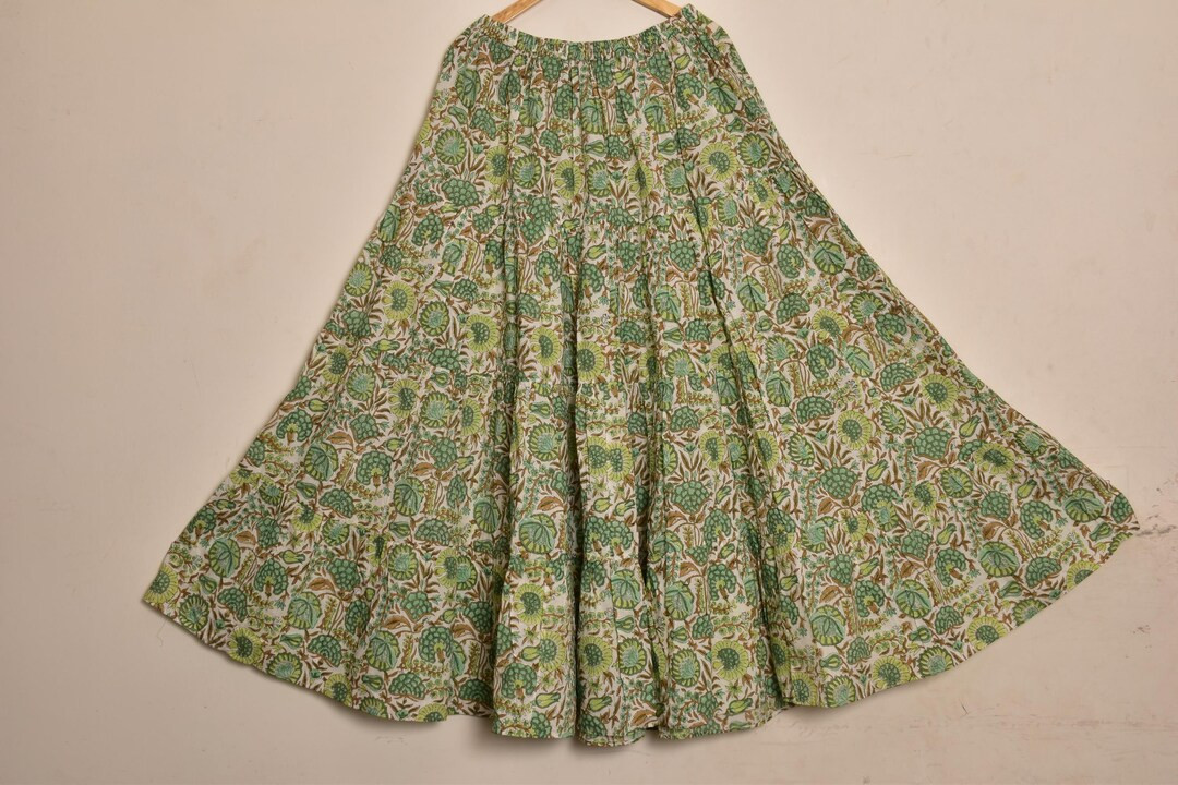 Green and Yellow Hand Block Print Skirt All Sizes XS to 6XL Indian Ethnic Floral Maxi Long Skirt ... | Etsy (US)