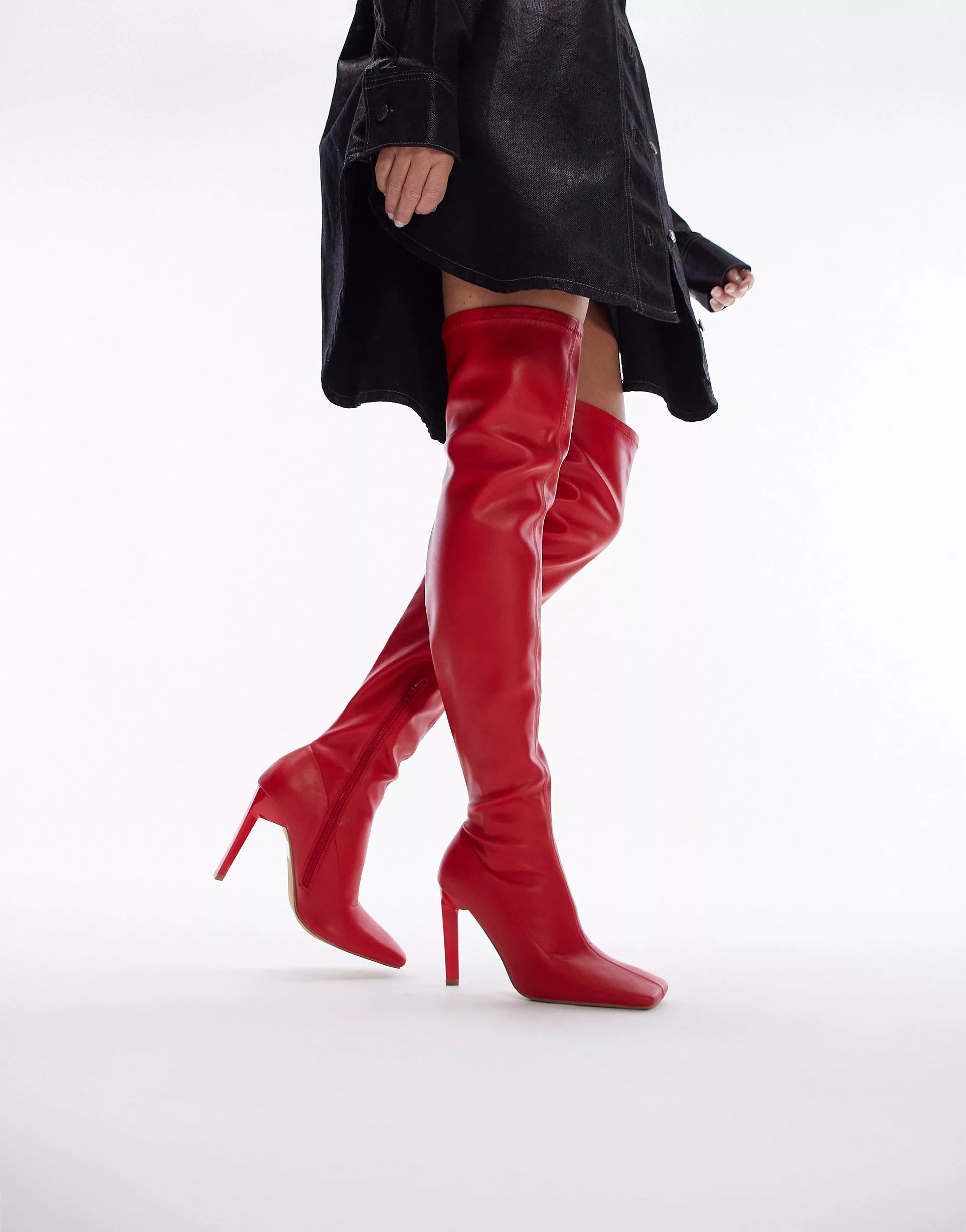 Topshop Wide Fit Mollie over the knee heeled sock boot in red | ASOS (Global)
