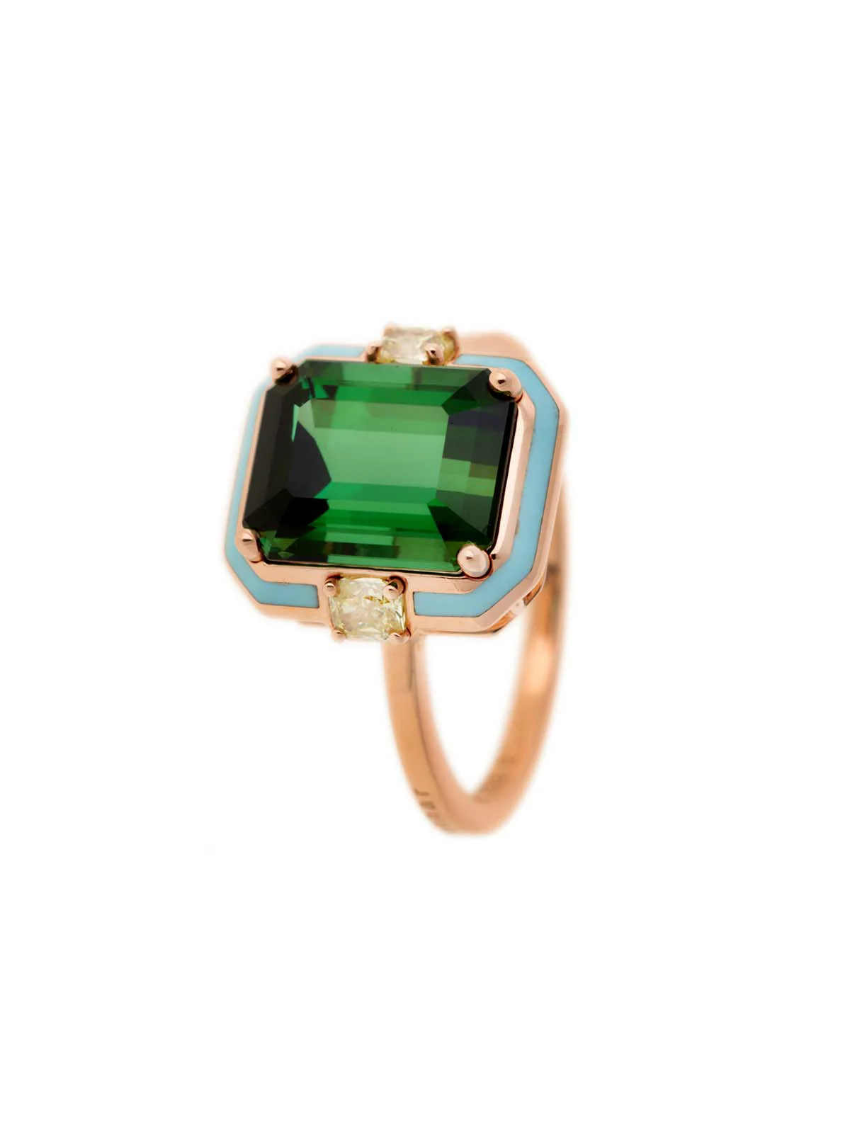 Green Tourmaline with Light Blue Enamel and Diamond Frame Gemma Ring | YLANG 23