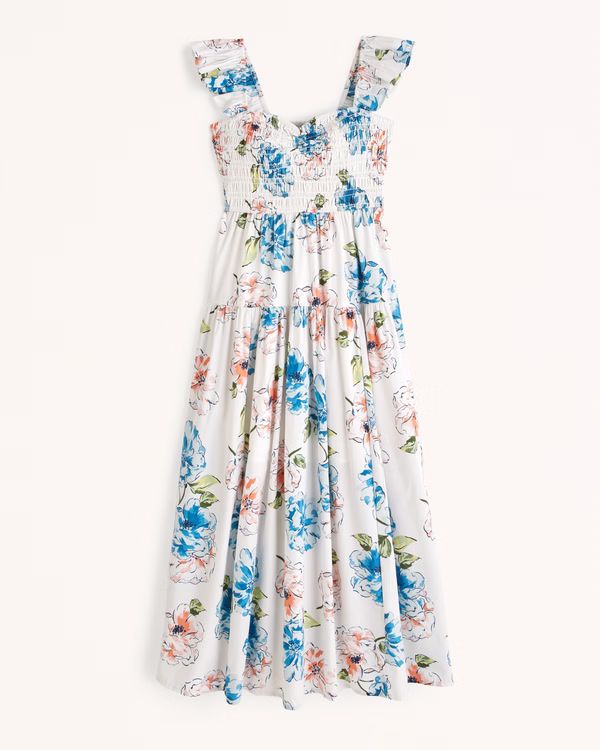 Ruffle Strap Smocked Midi Dress | Abercrombie & Fitch (UK)