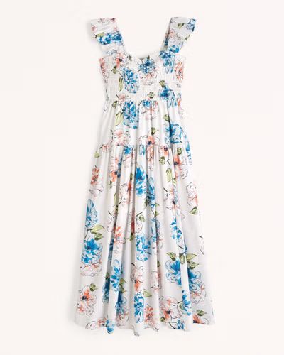 Ruffle Strap Smocked Midi Dress | Abercrombie & Fitch (UK)