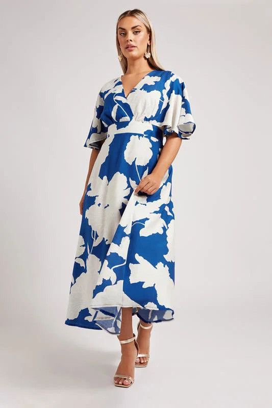 YOURS LONDON Plus Size Blue Floral Print Linen Look Midaxi Dress | Yours Clothing UK