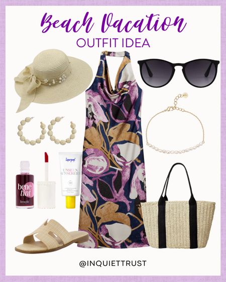 Make your vacation extra fun with this pop of color! Grab this purple halter midi dress paired with neutral flat sandals, a straw hat, black sunglasses, and more!
#resortwear #traveloutfit #beachready #springfashion

#LTKstyletip #LTKSeasonal #LTKtravel
