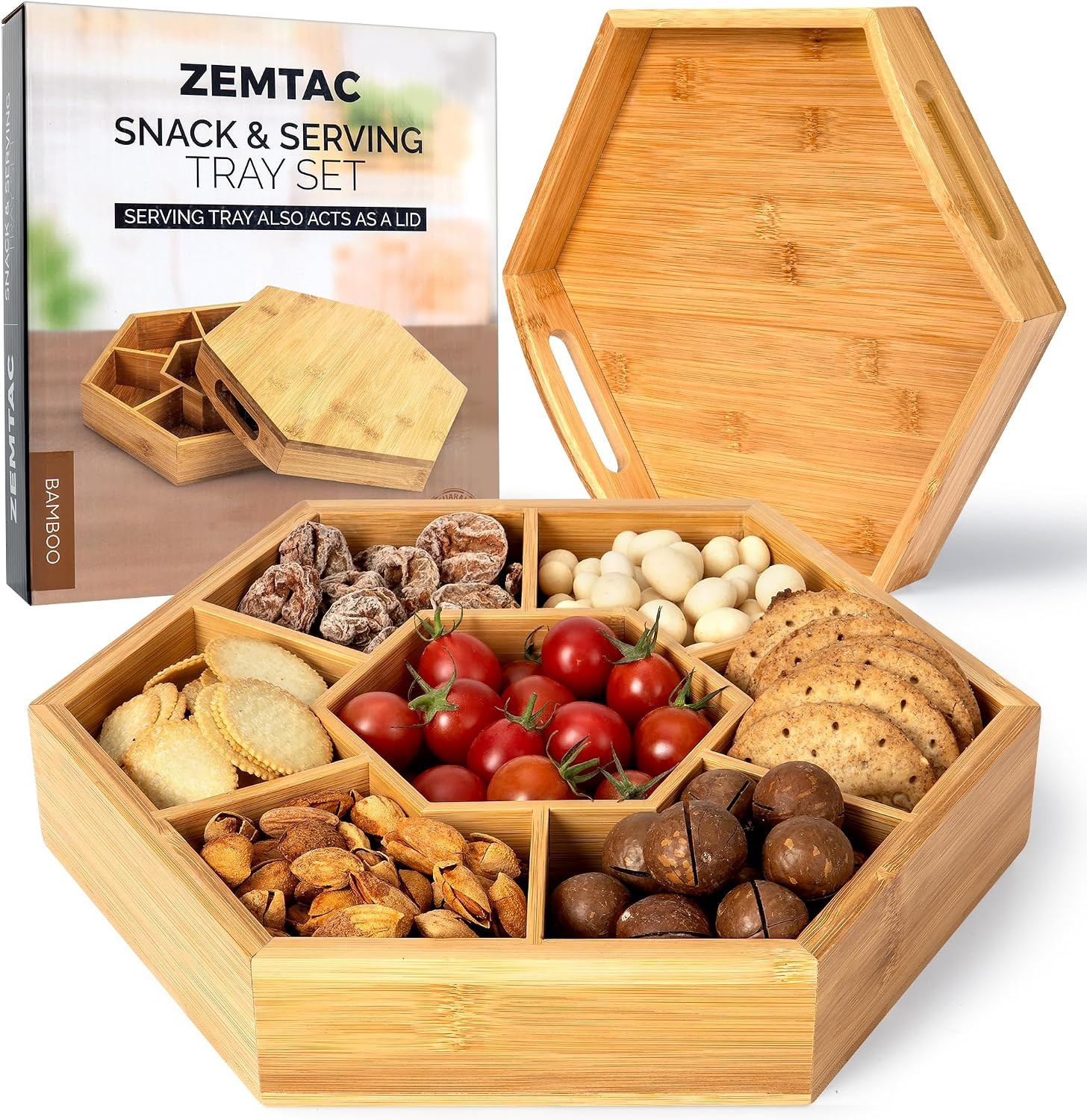 Snack and Serving Tray Set – 13" Divided Bamboo Appetizer Platter for Dry Fruit, Nuts, Cheese a... | Amazon (US)