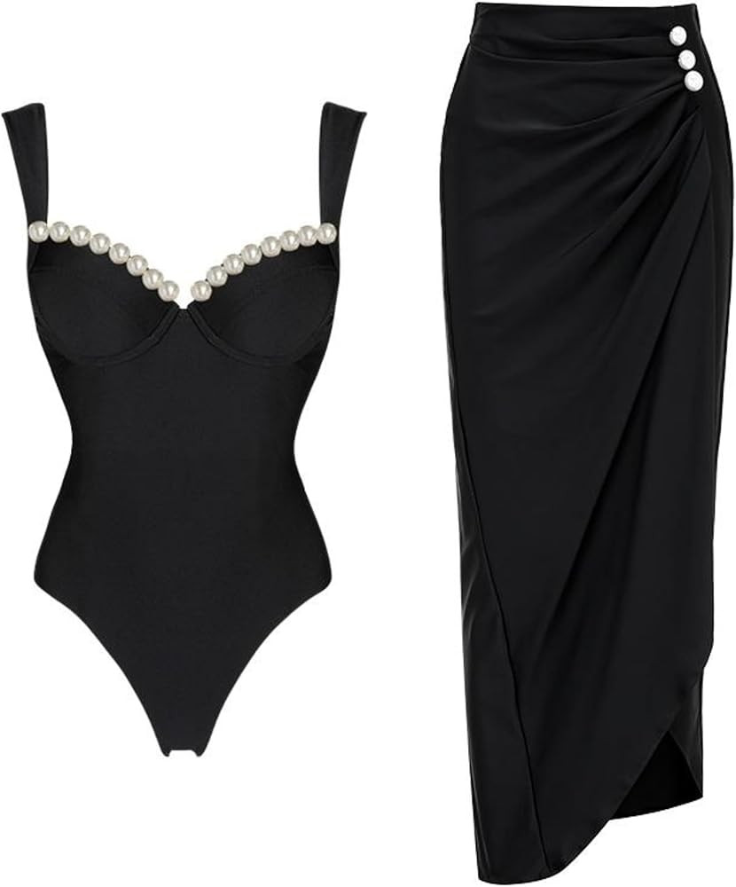 FLAXMAKER Black Double Shoulder Straps Chest Pearl One Piece Swimsuit and Skirt | Amazon (US)