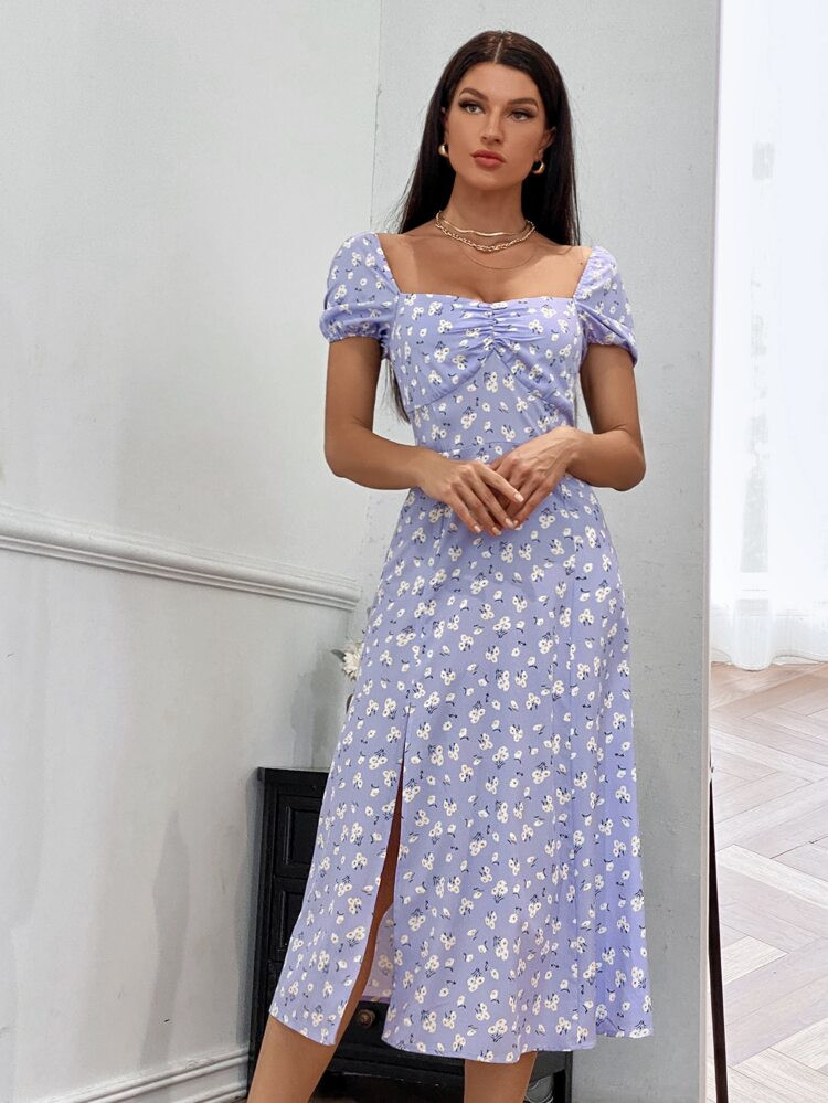 Ditsy Floral Sweetheart Neck Split Thigh Dress | SHEIN