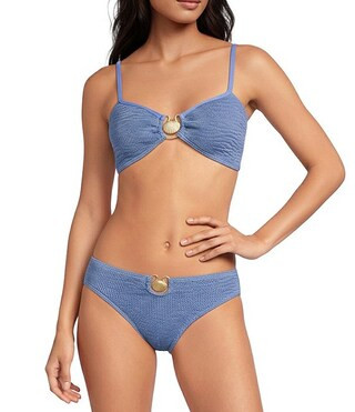 Cleonie Summer Kini Crinkle Gold Shell Solid Detail Swim Top & Queenie Crinkle Gold Shell Solid H... | Dillard's