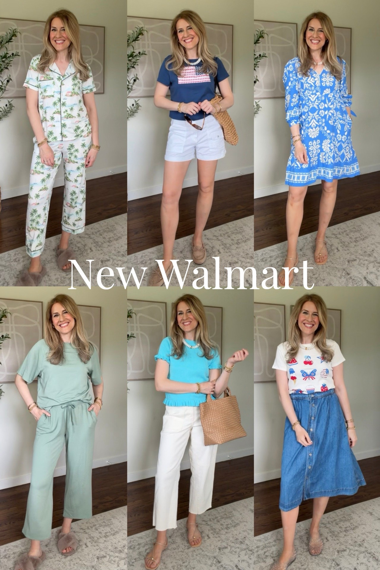Walmart outfits of the week! Pajamas in a new palm tree print, size small. Favorite French terry lounge set, size small. Pretty anthro look dress size small. Graphic tees size xl. Denim skirt size small. Short sleeve sweater size small. White shorts are last year Walmart, I’ll link similar. #walmartfashion #walmartfinds July 4 patriotic red white blue summer style affordable

#LTKOver40
