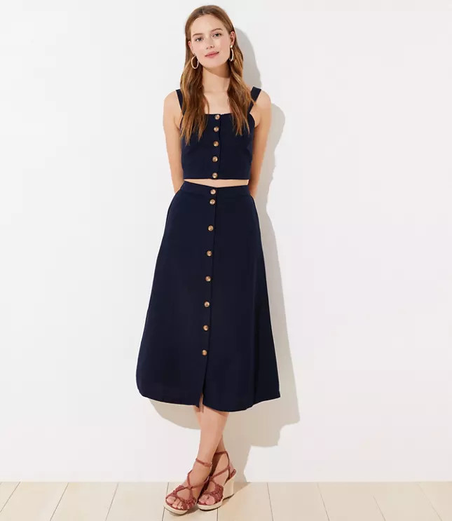 Linen Blend Button Front Midi Skirt | LOFT
