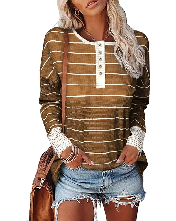 EVALESS Womens Long Sleeve Tops Cute Waffle Knit Striped Casual Button Up Tunic Shirts | Amazon (US)