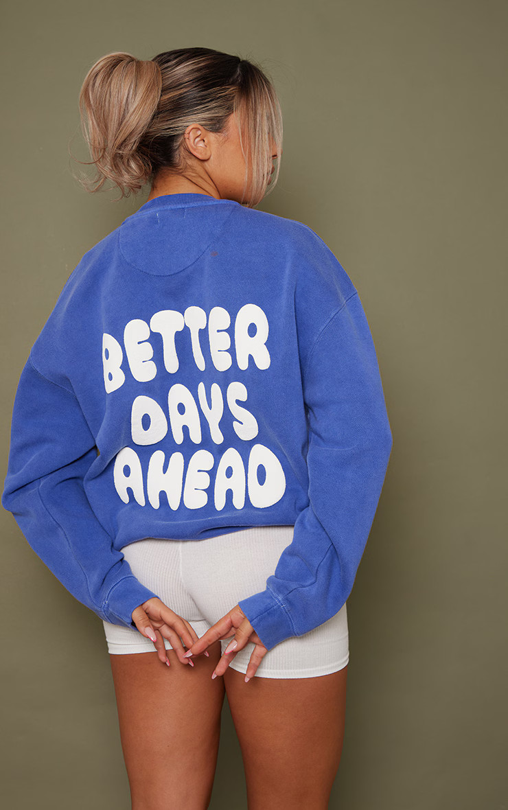 Navy Better Days Ahead Back Printed Washed Sweatshirt | PrettyLittleThing US