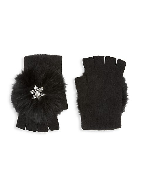 Glamourpuss NYC Embellished Fox Fur-Pompom Fingerless Gloves on SALE | Saks OFF 5TH | Saks Fifth Avenue OFF 5TH