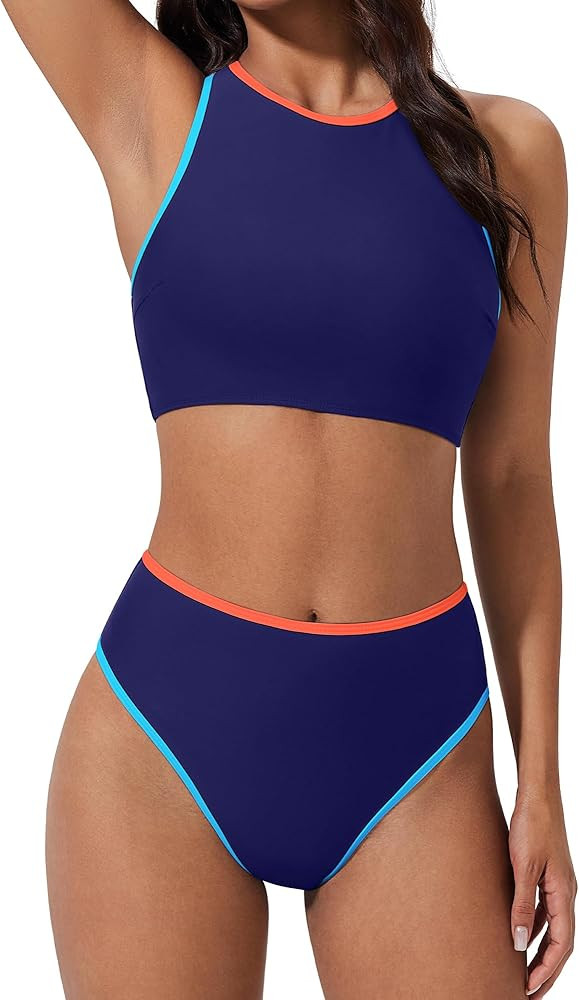 SUUKSESS Women High Waisted Bikini Sets High Neck Sporty Two Piece Swimsuits | Amazon (US)