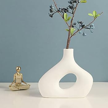 White Ceramic Vase, Modern Boho Nordic Minimalist Vase, Round Vase with Hole Oblate Vase Decor, f... | Amazon (US)