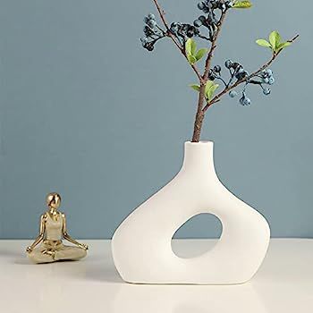 White Ceramic Vase, Modern Boho Nordic Minimalist Vase, Round Vase with Hole Oblate Vase Decor, f... | Amazon (US)