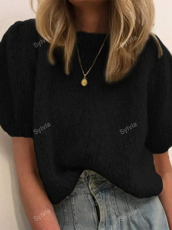 Women's Simple Short Sleeve Solid Color Round Neck Puff Sleeve Knit Top | SHEIN