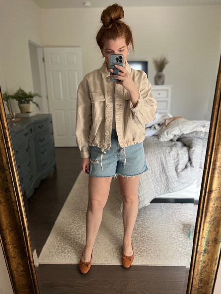 Spring casual outfit idea. Denim mom shorts and a cropped jacket with ballet flats. 

Linked similar jacket same brand. 
Shorts I’m in a 29 and I’m in between a 6/8
Shoes run a half size big, but if you have a wide foot go TTS.



#LTKSeasonal #LTKfindsunder100 #LTKshoecrush