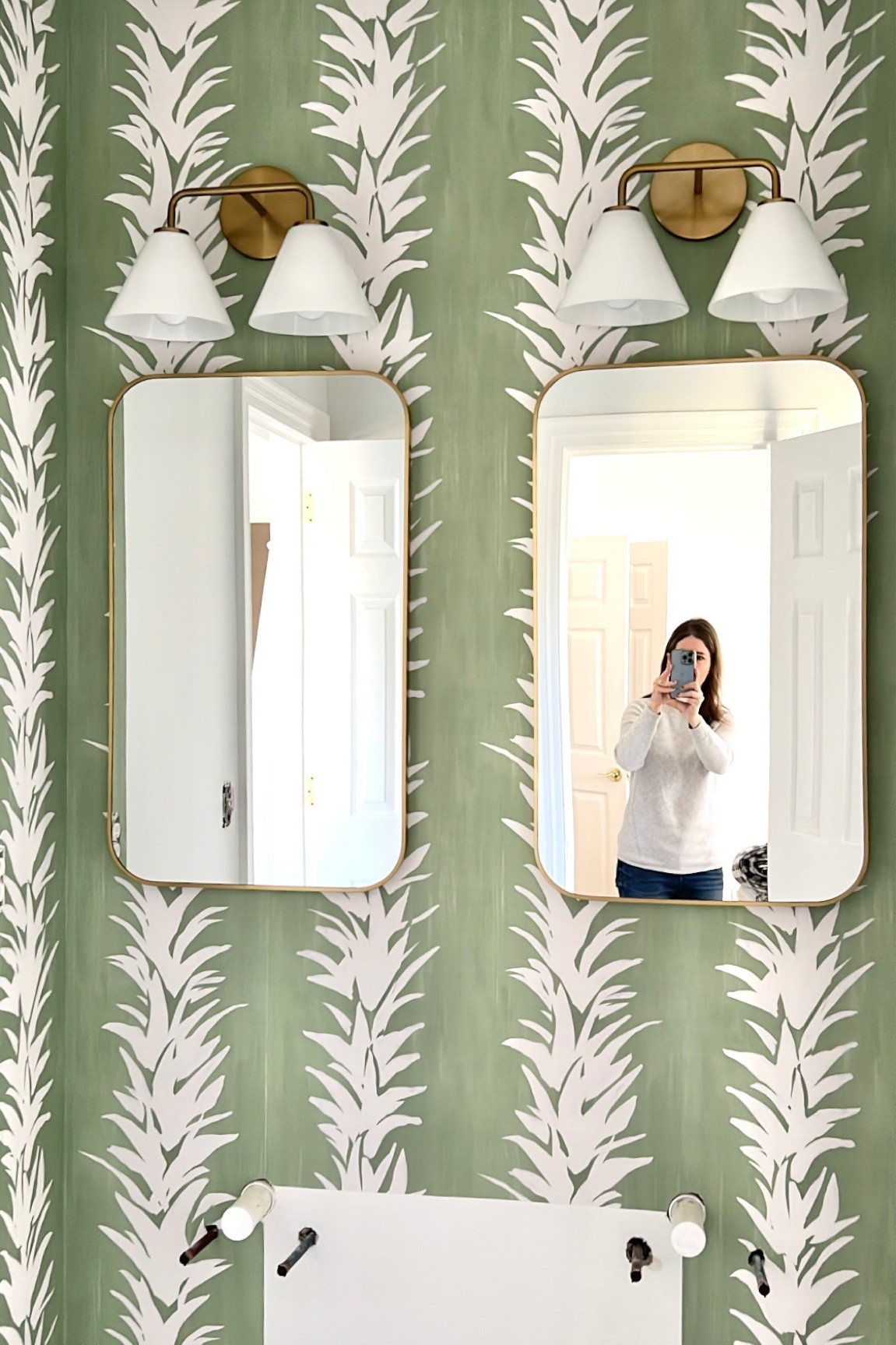 In-progress pic of my girls’ bathroom! Vanity lights, medicine cabinet mirrors, and wallpaper are linked  

#LTKhome