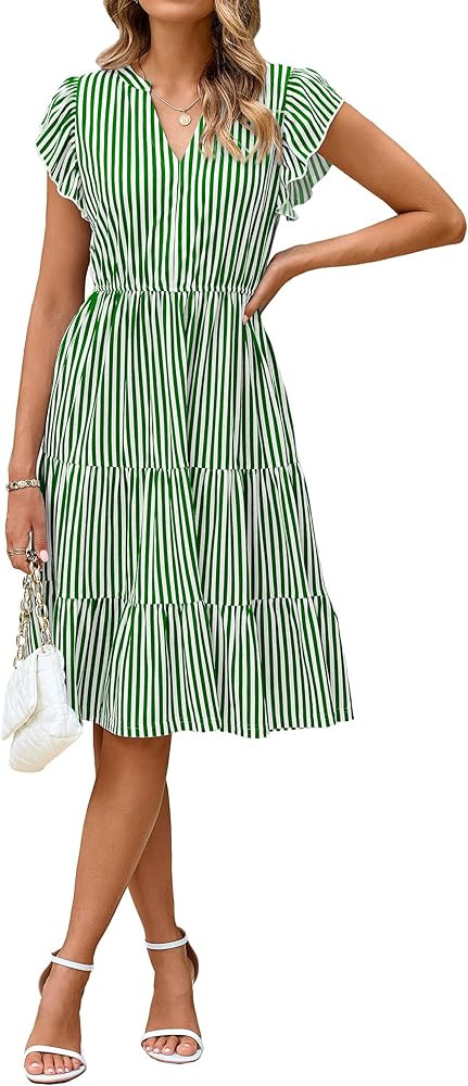 Glamaker Floral Tiered Midi Sundress Casual Summer V Neck Flutter Sleeve Striped Sun Dress with P... | Amazon (US)