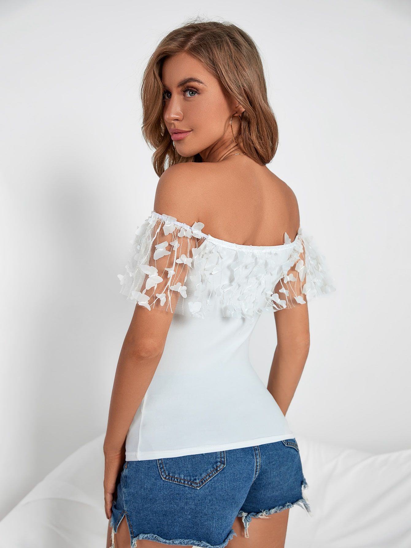 Stereo Butterfly Contrast Mesh Off Shoulder Top | SHEIN