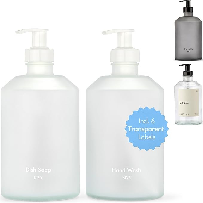 KIVY Glass Soap Dispenser Set + Waterproof Labels - for Kitchen, Bathroom & Shower - Refillable H... | Amazon (US)