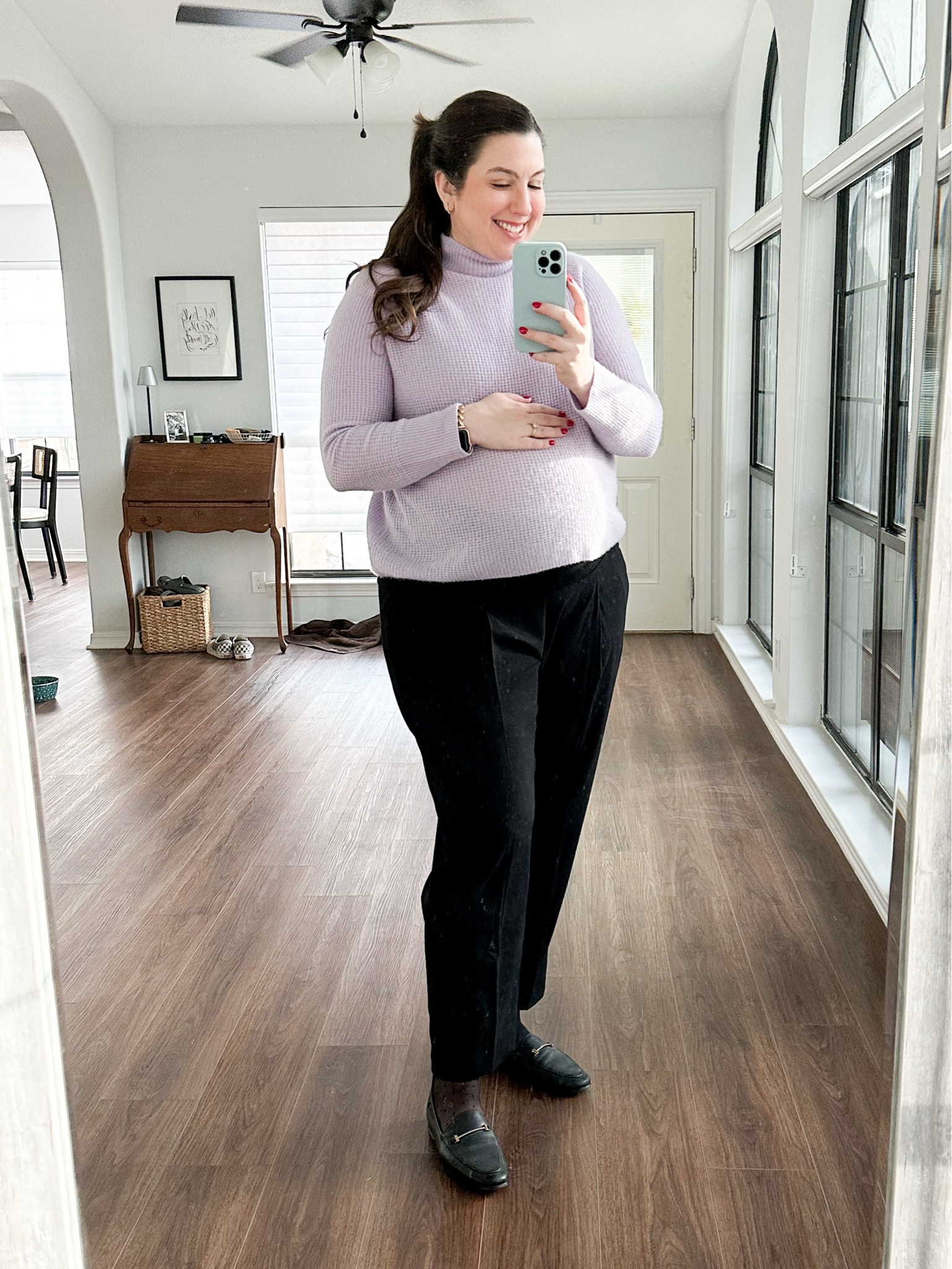 Workwear #ootd 2/13/25 

This sweater is on sale, specific color is sold out but there are some other great ones! 

I would NOT recommend this sweater for anyone over 4 months pregnant 

Womens business professional workwear and business casual workwear and office outfits midsize outfit midsize style 

#LTKWorkwear #LTKSaleAlert #LTKSeasonal