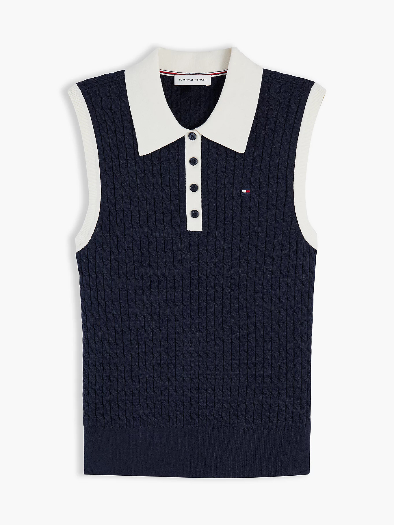 Cable Knit Slim Sleeveless Polo Jumper | Blue | Tommy Hilfiger | Tommy Hilfiger UK