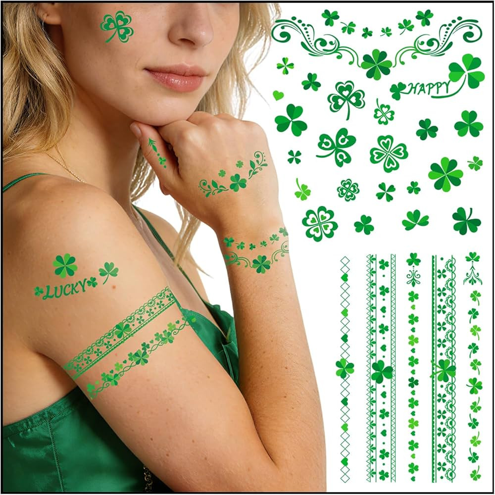 St Patricks Day Accessories For Women, 4 Sheets St Patrick's Day Tattoos, Shamrock Temporary Tatt... | Amazon (US)