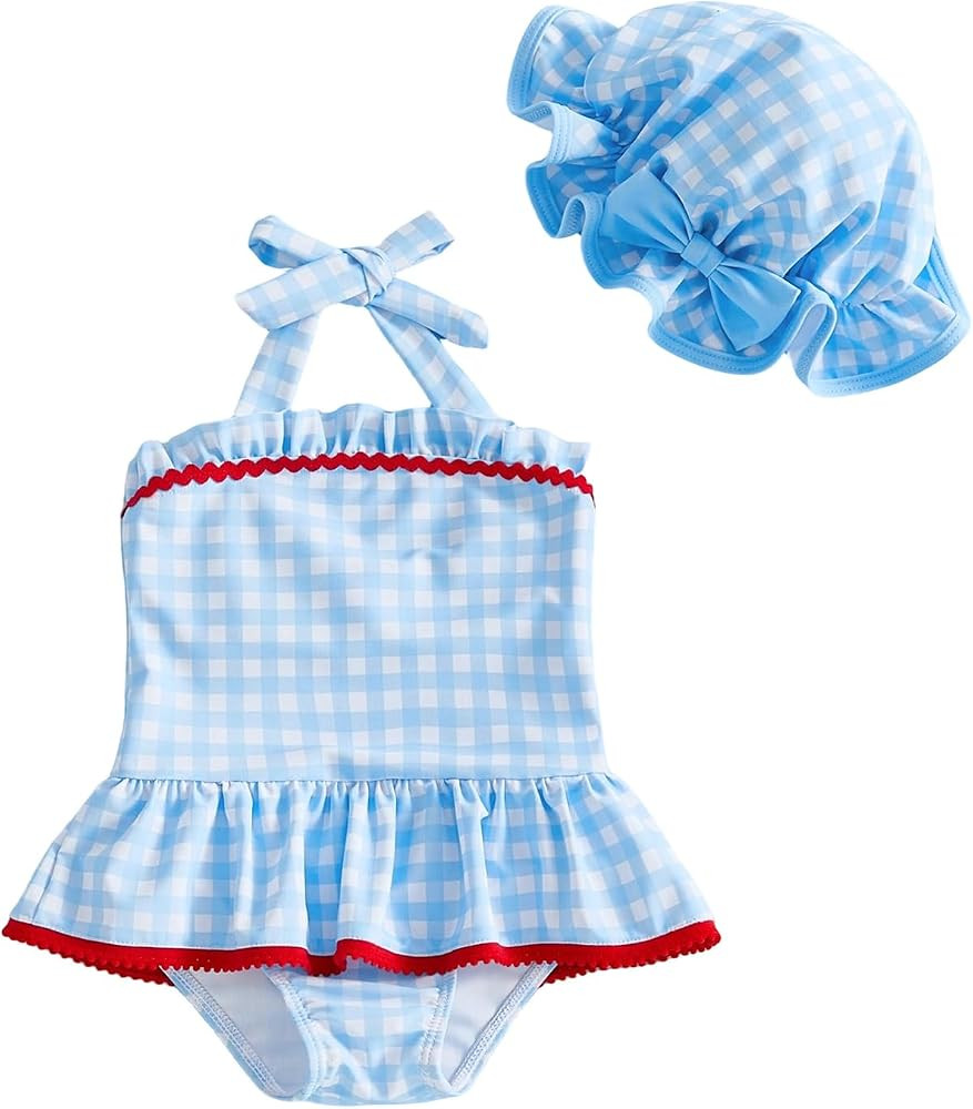 Yccutest Baby Girl Bathing Suit One Piece Swimsuit Toddler Girl Bikini Tankini Ruffle Plaid Halte... | Amazon (US)