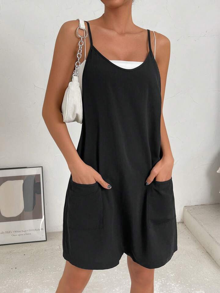 SHEIN EZwear Solid Dual Pocket Cami Romper Without Cami Top | SHEIN