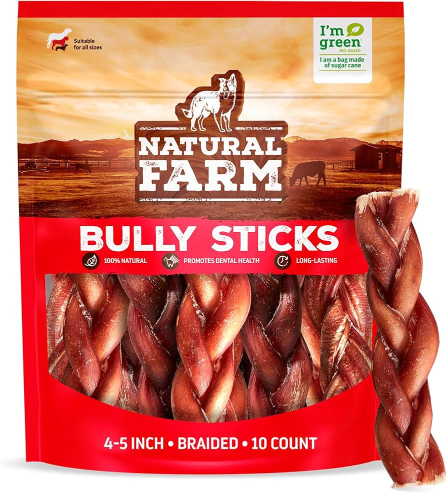 Natural Farm Odor-Free Braided Bully Sticks (4-5 Inch, 10 Pack) - 100% Grass-Fed Beef, Grain-Free... | Amazon (US)
