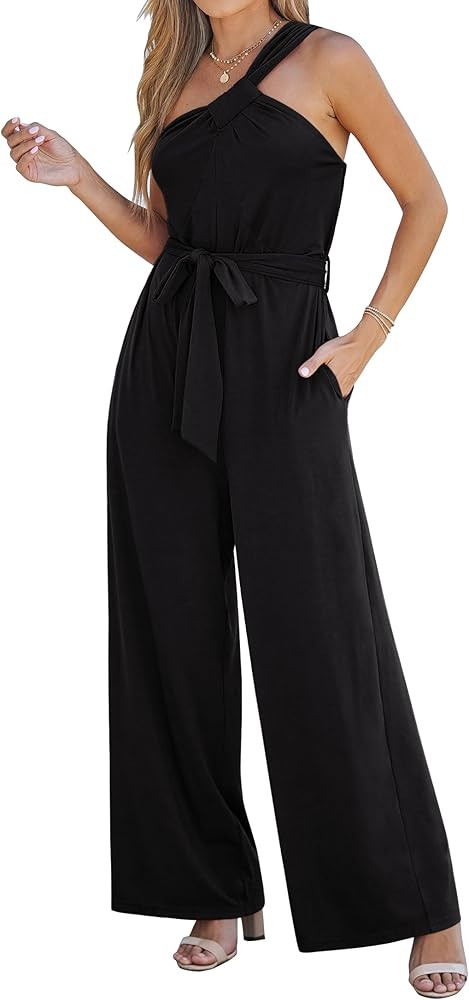 luvamia One Shoulder Jumpsuits for Women Dressy Casual Wide Leg Jumpsuit Overalls with Pocket Belted | Amazon (US)