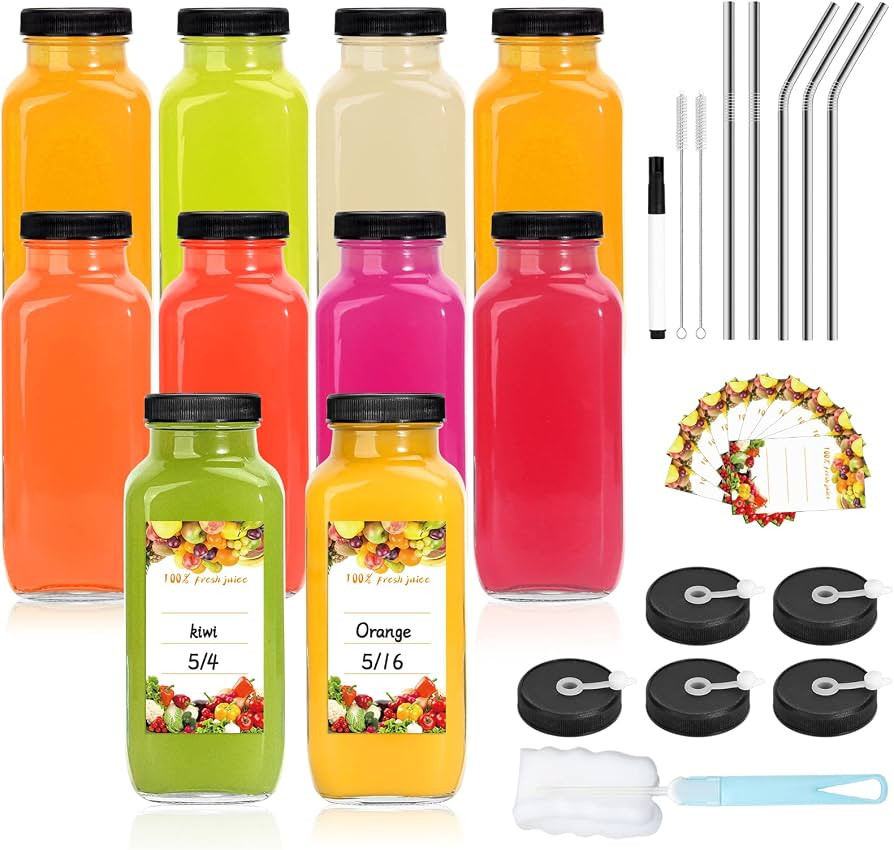 Ruckae 16oz 10pcs Glass Juice Bottles with Lids and Hole, Square Juicing Bottles Reusable Glass, ... | Amazon (US)