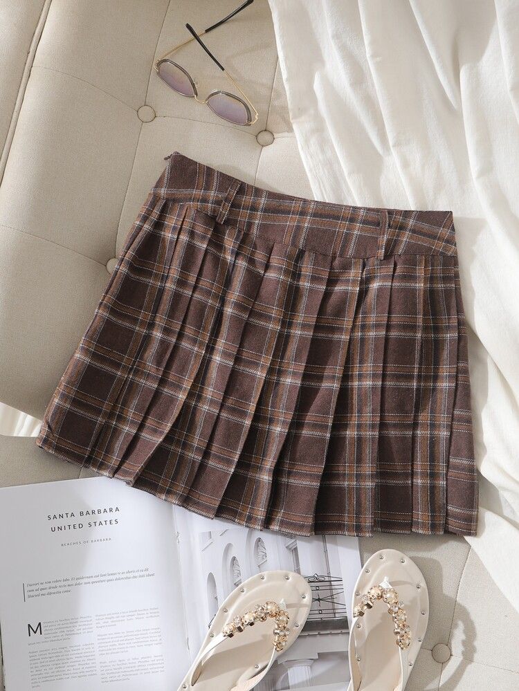 Zipper Side Tartan Pleated Skirt | SHEIN