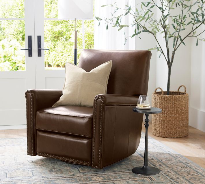 Irving Roll Leather Swivel Glider Recliner with Nailheads, Polyester Wrapped Cushions, Burnished Walnut | Pottery Barn (US)