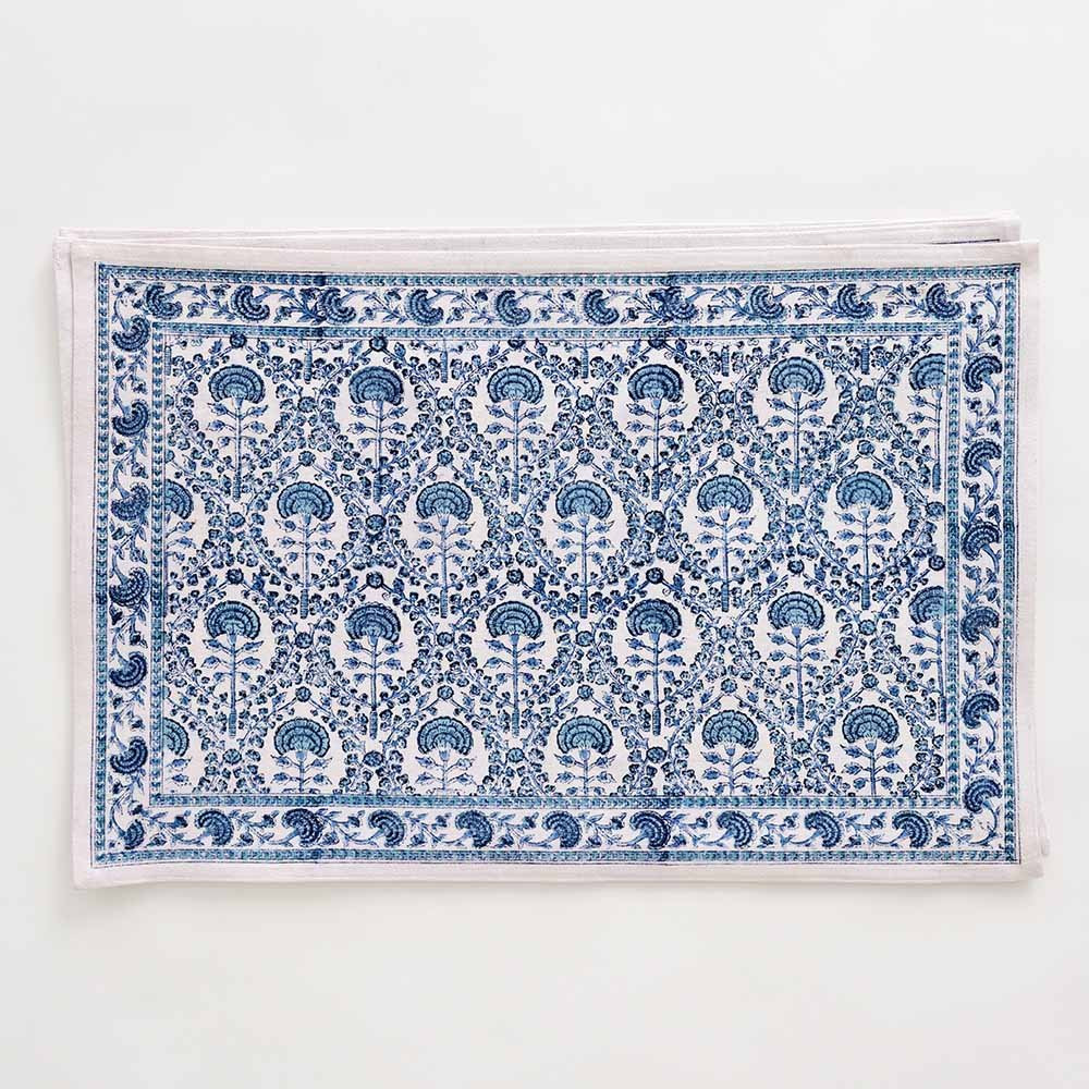 Caroline Blue Floral Placemat | Block Printed Table Linens | Pomegranate