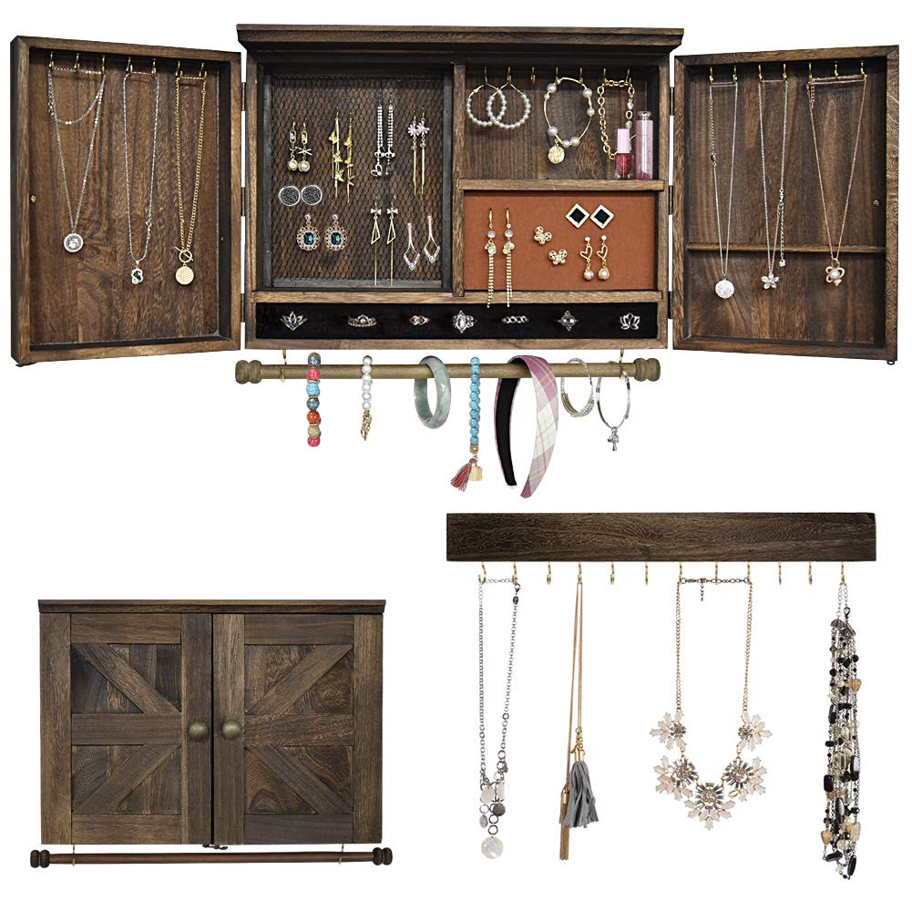 Rustic Wall Mounted Jewelry Organizer,Vintage Wooden Hanging Jewelry Holder Box with Barndoor Dec... | Amazon (US)