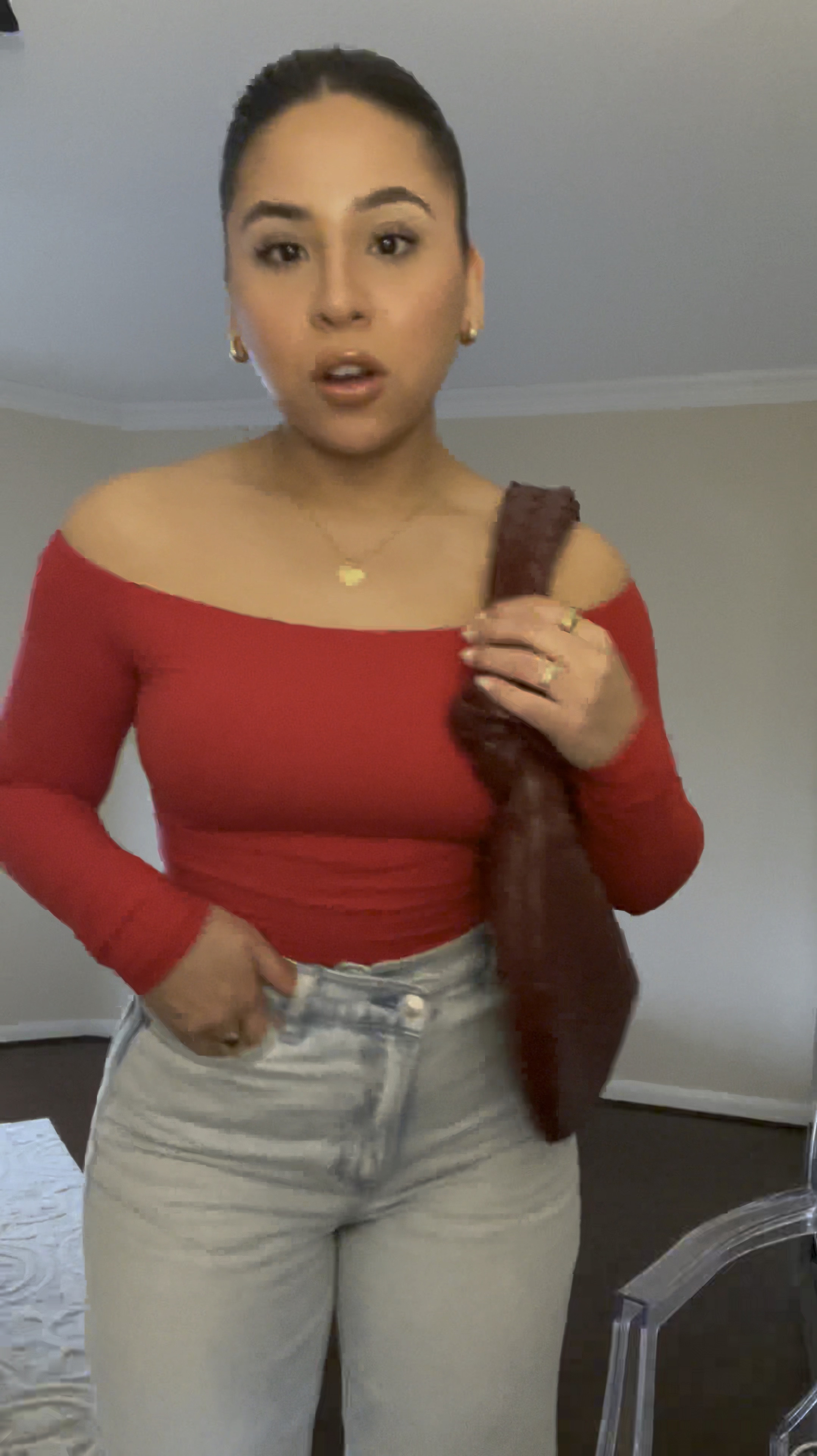 Casual dinner outfit idea 
Red off the shoulder long sleeve: small 
Light wash criss cross waist jeans: 2 short 
Black platform loafers: 6.5 
Burgundy woven tote bag 
Gold pendant necklace 
Gold huggie earrings 
Sol de Janeiro glow motions body oil 

#LTKPetite #LTKStyleTip #LTKFindsUnder100