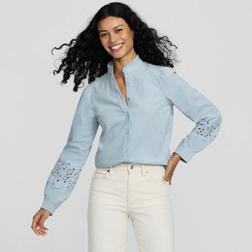 Women's Plus Size Eyelet Sleeve Pinwale Corduroy Shirt - Lands' End - Blue - 1X | Lands' End (US)