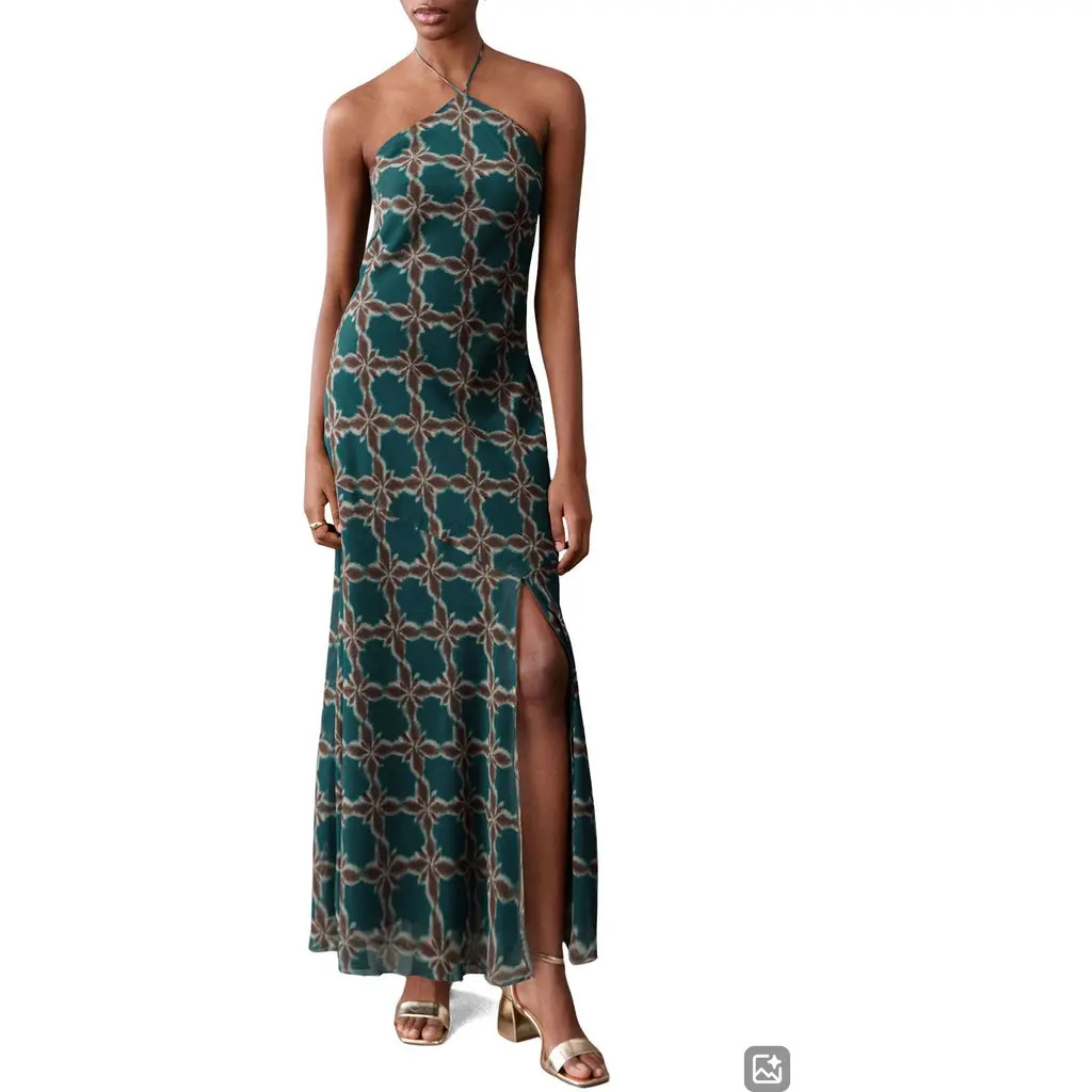 MANGO TEEN Floral Halter Maxi Dress in Petrol Blue at Nordstrom, Size Xx-Small | Nordstrom