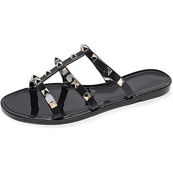 Women Flats Sandals, Studded Jelly Shoes Size 9 Red Dressy Summer Beach Rivets Strappy Jellies Sl... | Amazon (US)