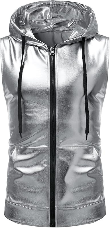 ZEROYAA Mens Hipster Metallic Zip Up Sleeveless Hooded Vest T Shirt with Kangaroo Pocket | Amazon (US)
