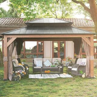 JOYSIDE 15 ft. x 13 ft. Wood Grain Aluminum Double Galvanized Steel Roof Gazebo with Ceiling Hook... | The Home Depot